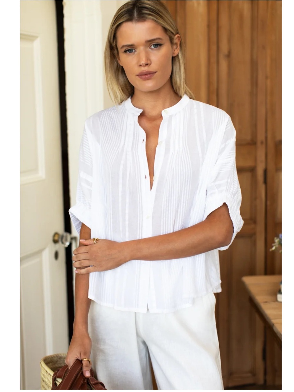 NWT Love, Tomas Emerson Fry Mandarin Collar Cloud Seersucker Organic Top